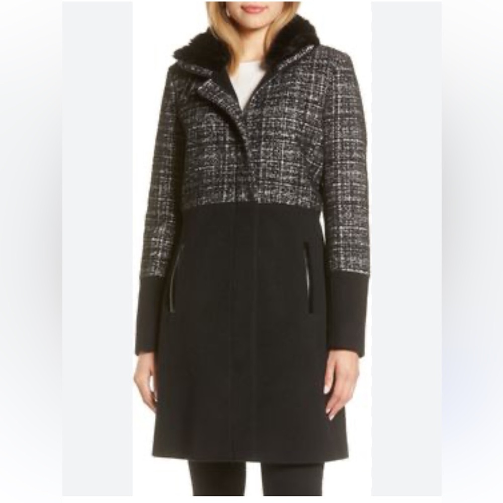 Via Spiga Tweed Faux-Fur-Collar Coat